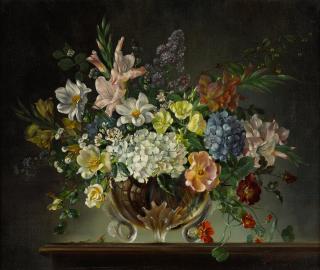 Cecil Kennedy - A still life with hydrangeas, lillies and tea roses in a glass vase
