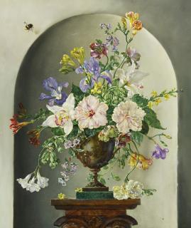 Cecil Kennedy - British hibiscus, Orchid, Iris, Freesia And Other Blossoms With Ladybug And Bee Arranged In An Urn Set In A Niche
