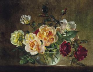 Cecil Kennedy - Cream, pink, and red roses in a glass bowl
