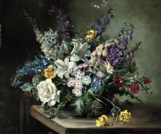 Cecil Kennedy - Delphiniums, digitalis, oriental lilies, roses, carnations and peonies in a vase on a wooden ledge