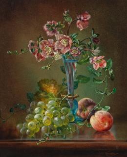 Cecil Kennedy - Hellebores in a glass vase with white grapes and peaches resting on a table
