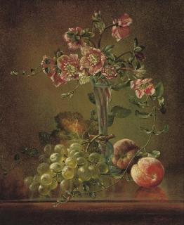 Cecil Kennedy - Hellibores in a glass vase with white grapes and peaches resting on a table