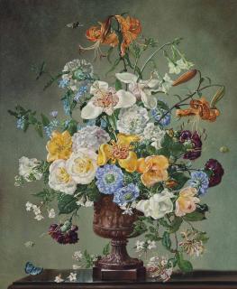 Cecil Kennedy - Lilies, roses, carnations, honeysuckle, forget-me-nots and other summer flowers, in an urn
