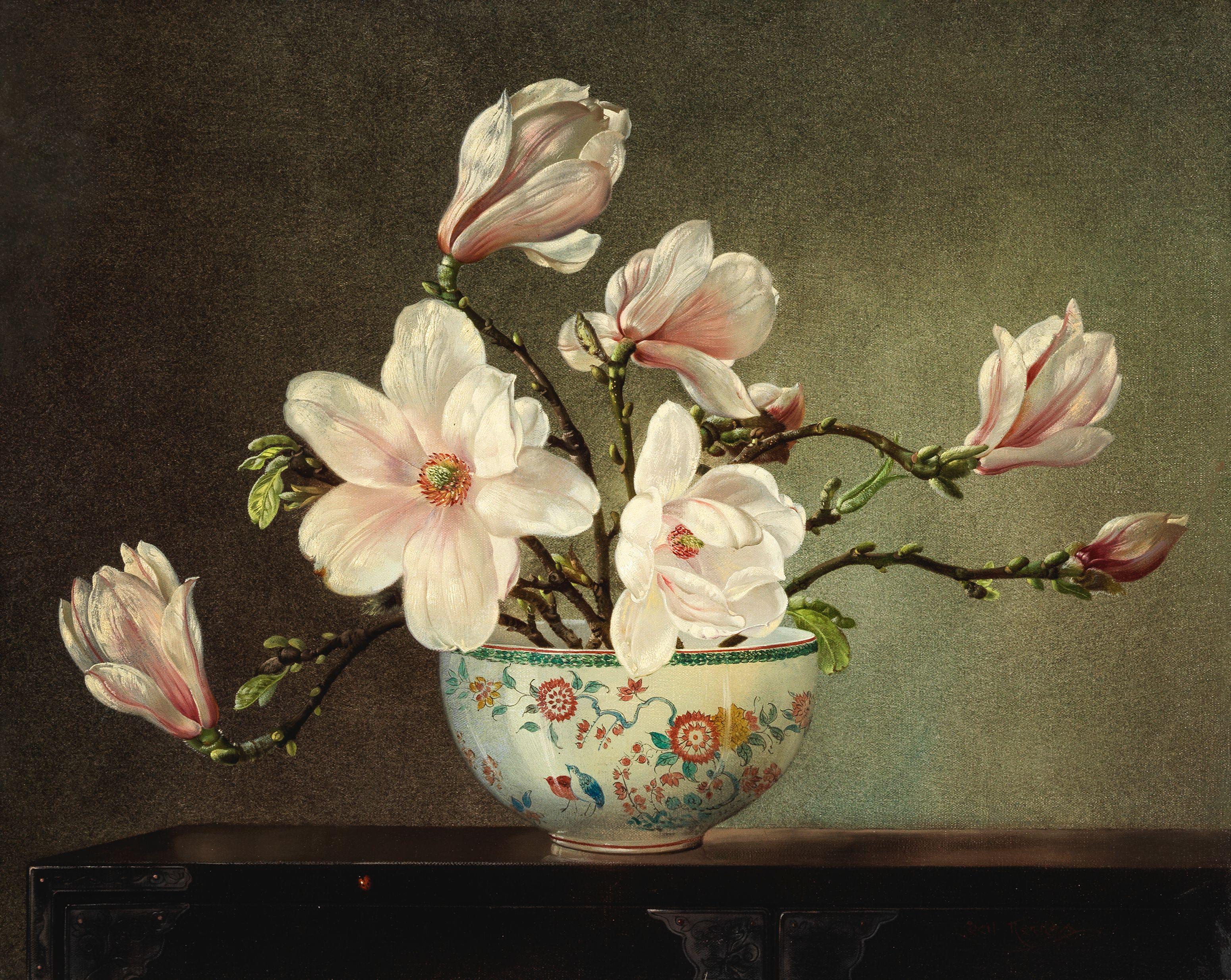 Cecil Kennedy - Magnolia in a porcelain bowl decorated with two quails in kakiemon style