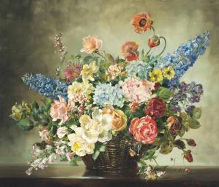 Cecil Kennedy - Roses, dog roses, stocks, hydrangeas and other flowers in a basket