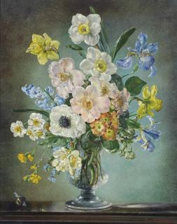 Cecil Kennedy - Spring: Daffodils, Camellias, Spanish Bluebells, Anemones, Siberian Iris, Dutch Bulbous Iris, Polyanthus Primulas, Hellebores, Freesias, Forget-Me-Nots, Broom And Cowslips, In A Glass Vase, With A Bee