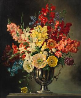 Cecil Kennedy - Still life of flowers in a silver vase, a self portrait reflected in the vase