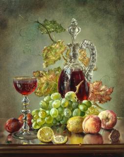 Cecil Kennedy - Still life of fruit, vine leaves and a glass ewer