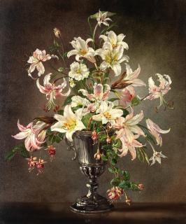 Cecil Kennedy - Still life of lilies, fuchsias and japanese anemones
