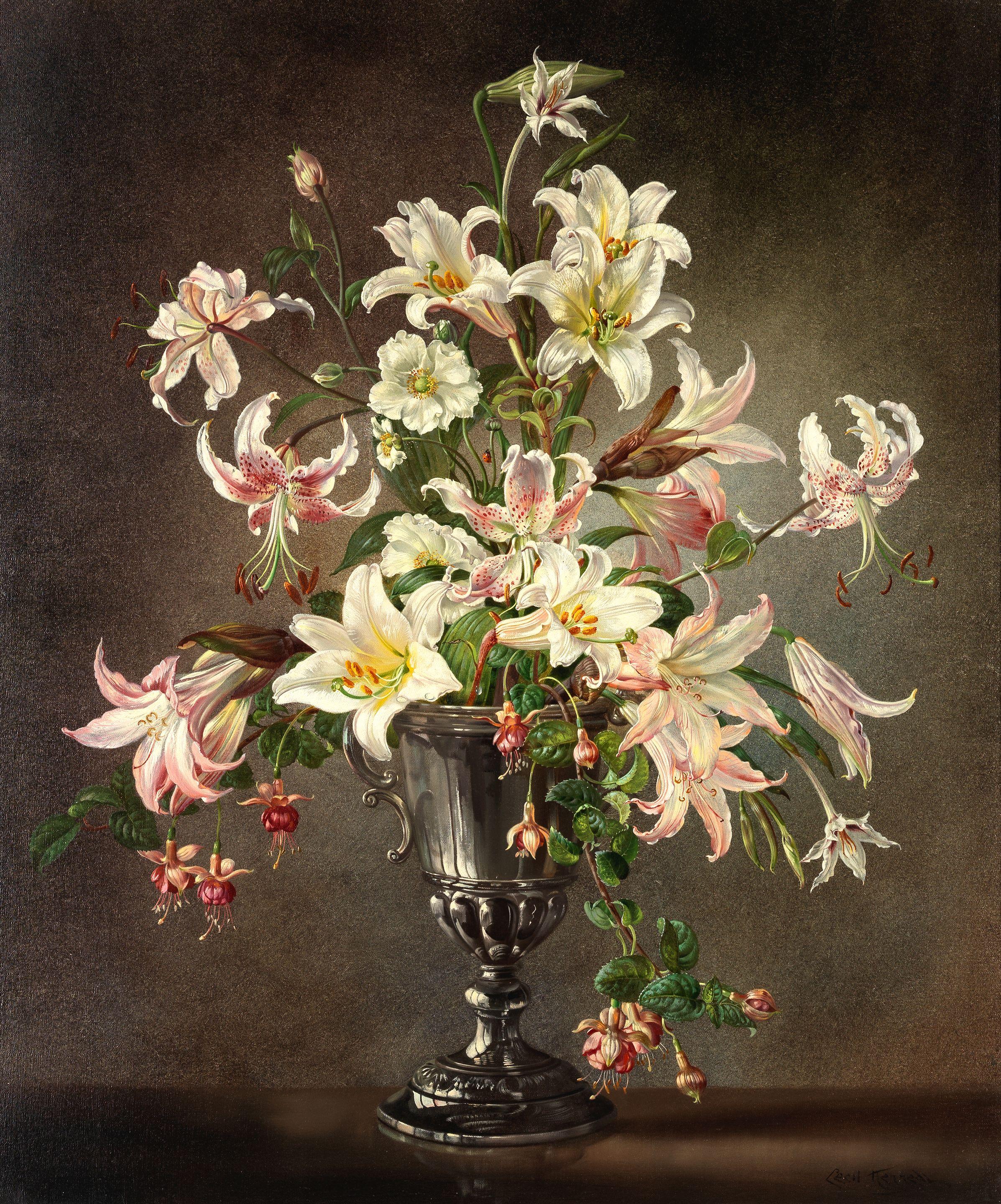 Cecil Kennedy - Still life of lilies, fuchsias and Japanese anemones