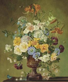 Cecil Kennedy - Summer: a colourful bouquet with lilies, carnations, orchids, honeysuckle and other flowers