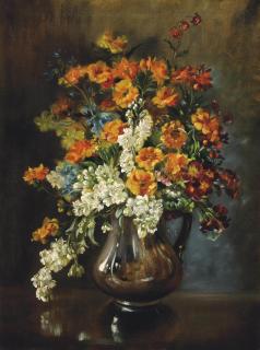 Cecil Kennedy - Wallflowers, stocks and forget-me-nots in a silver jug