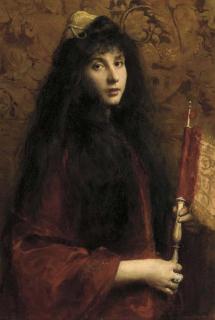 Cecil Van Haanen - Portrait of a Jewish girl, three-quarter length, seated, wearing a velvet cloak and a decorated yarmulke, holding a scroll