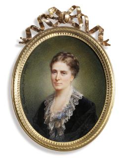 Cécile Villeneuve - Blanche Outhenin-Chalandre, née Blache (1831-1882), in black dress with white lace collar decorated with blue flowers, black lace veil worn across her shoulders, fair upswept hair dressed in a plait