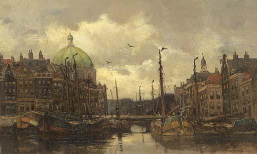Cees Van Waning - A view of the Singel with the Lutherse Kerk, Amsterdam