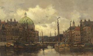 Cees Van Waning - A view of the Singel with the Lutherse Kerk, Amsterdam