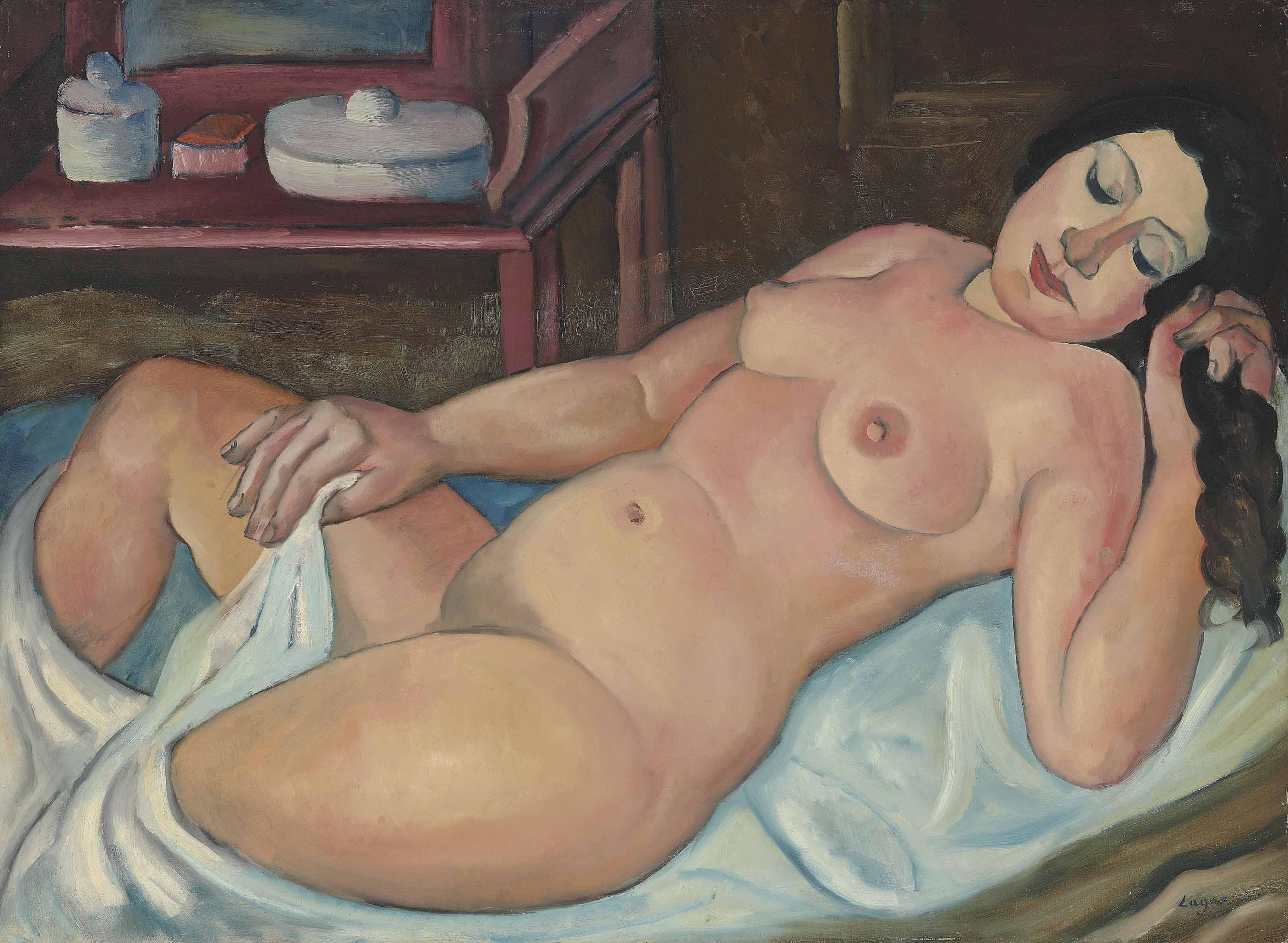 Celso Lagar - Femme nue couchée tenant ses cheveux