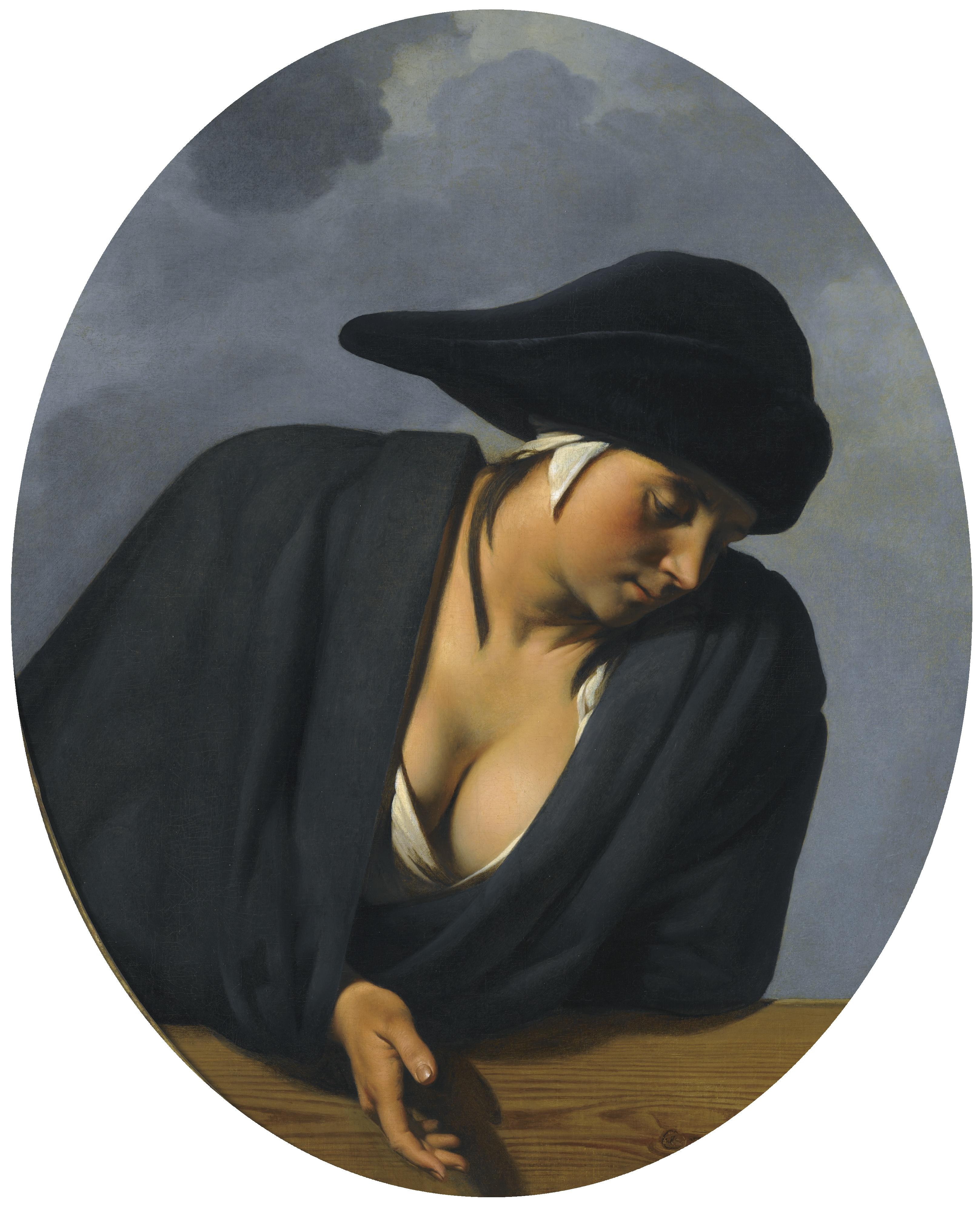 Cesar Boetius Van Everdingen - A  Peasant Woman Wearing A Black Hat, Leaning On A Wooden Ledge