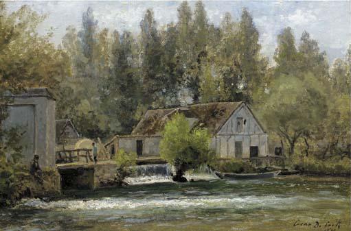 César De Cock - Souvenir de Gasny, Eure: fishermen by a watermill