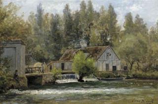 César De Cock - Souvenir de Gasny, Eure: fishermen by a watermill