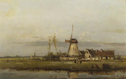 César De Cock - Washerwomen at work by a windmill