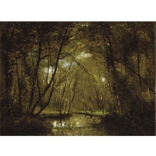 César De Cock - Wooded Riverscape With Figures