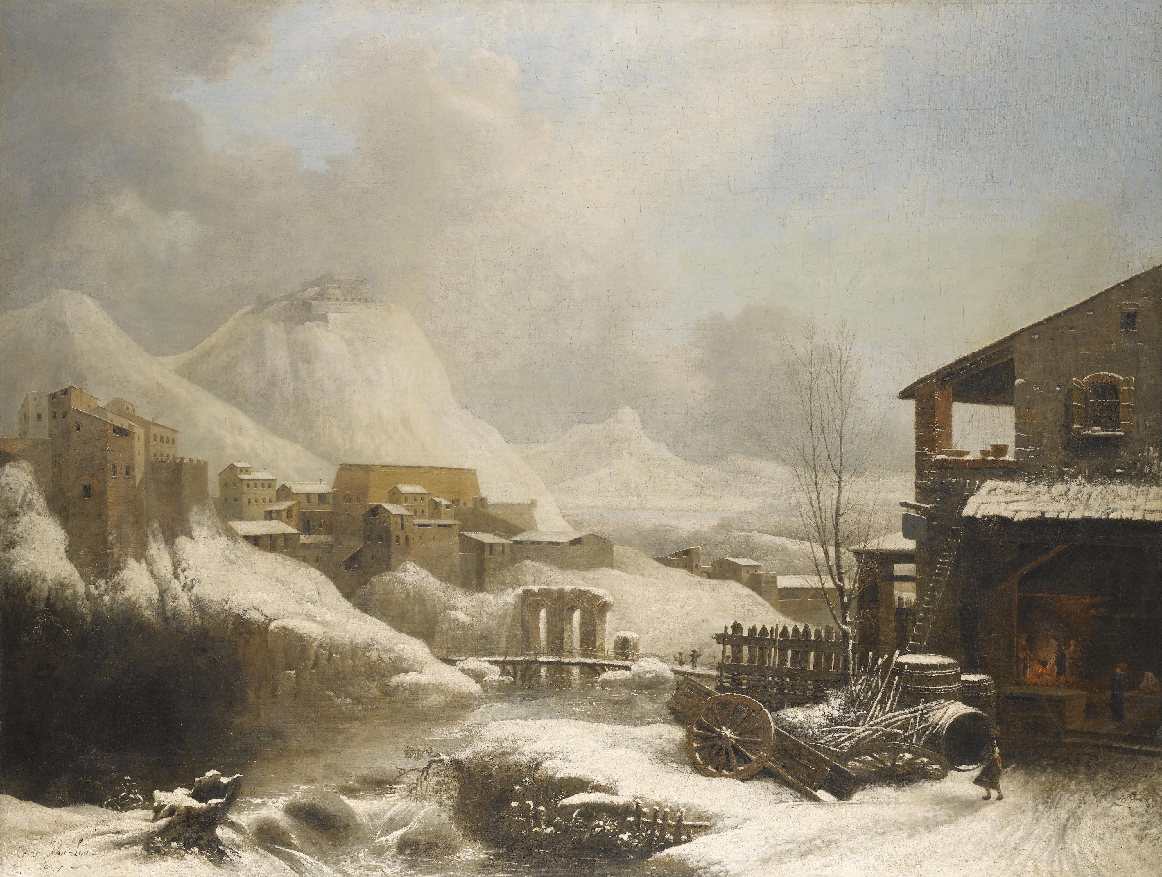César Van Loo - A Frozen Winter Landscape With A Bridge Over A River