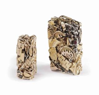 César - A gold pendant, designed as a block of compressed jewellery including coins, chains, gemstones and pearls; together with another pendant composed of compressed jewels