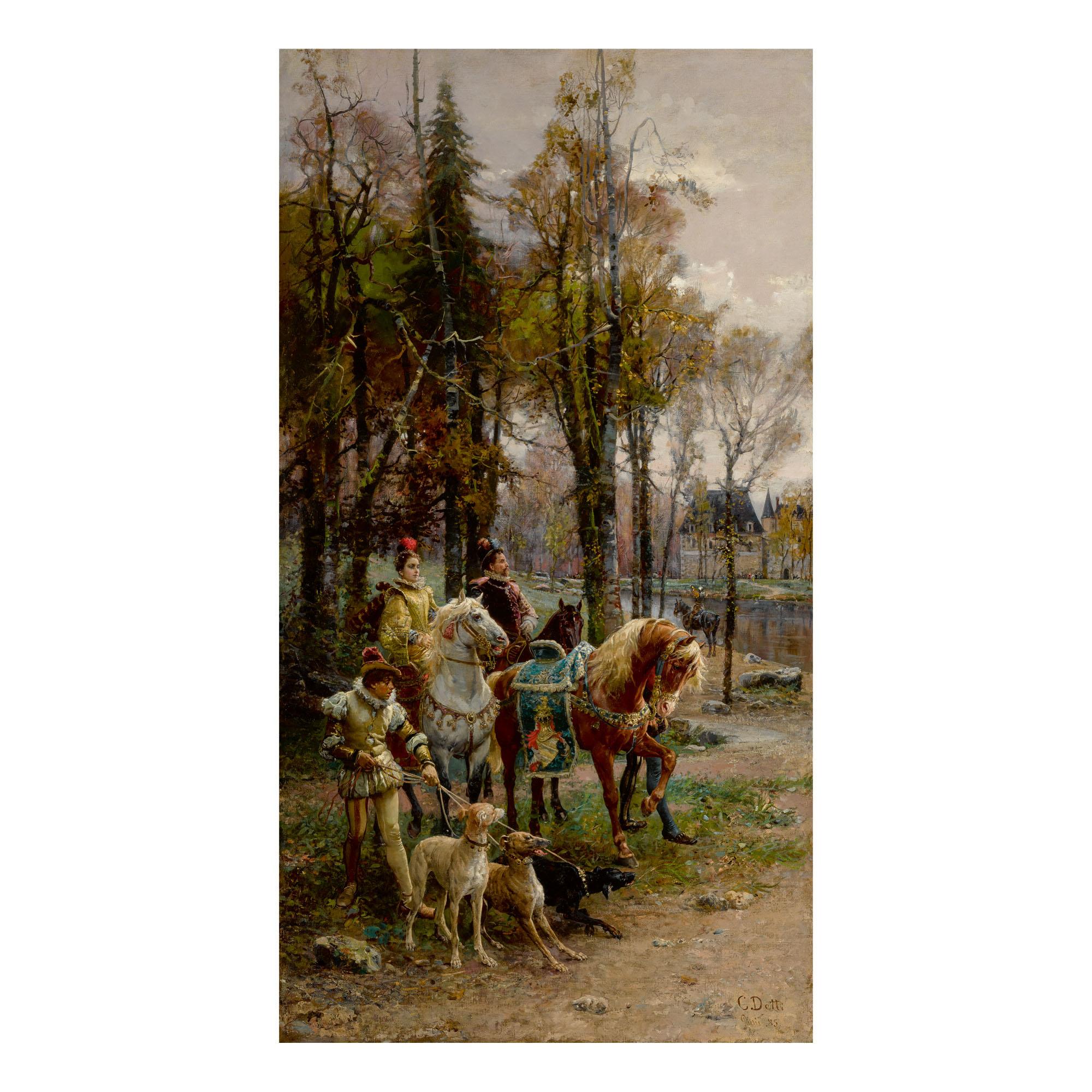 Cesare Auguste Detti - A Noble Lord And Lady On Horseback