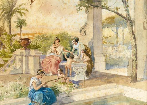 Cesare Felix Georges Dell\'Acqua - A Classical figure fishing beside a pool in an ornate garden