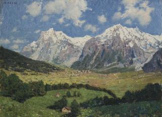 Cesare Maggi - Scorcio di Grindelwald con il Wetterhorn sullo sfondo. Alpi Bernesi, Svizzera