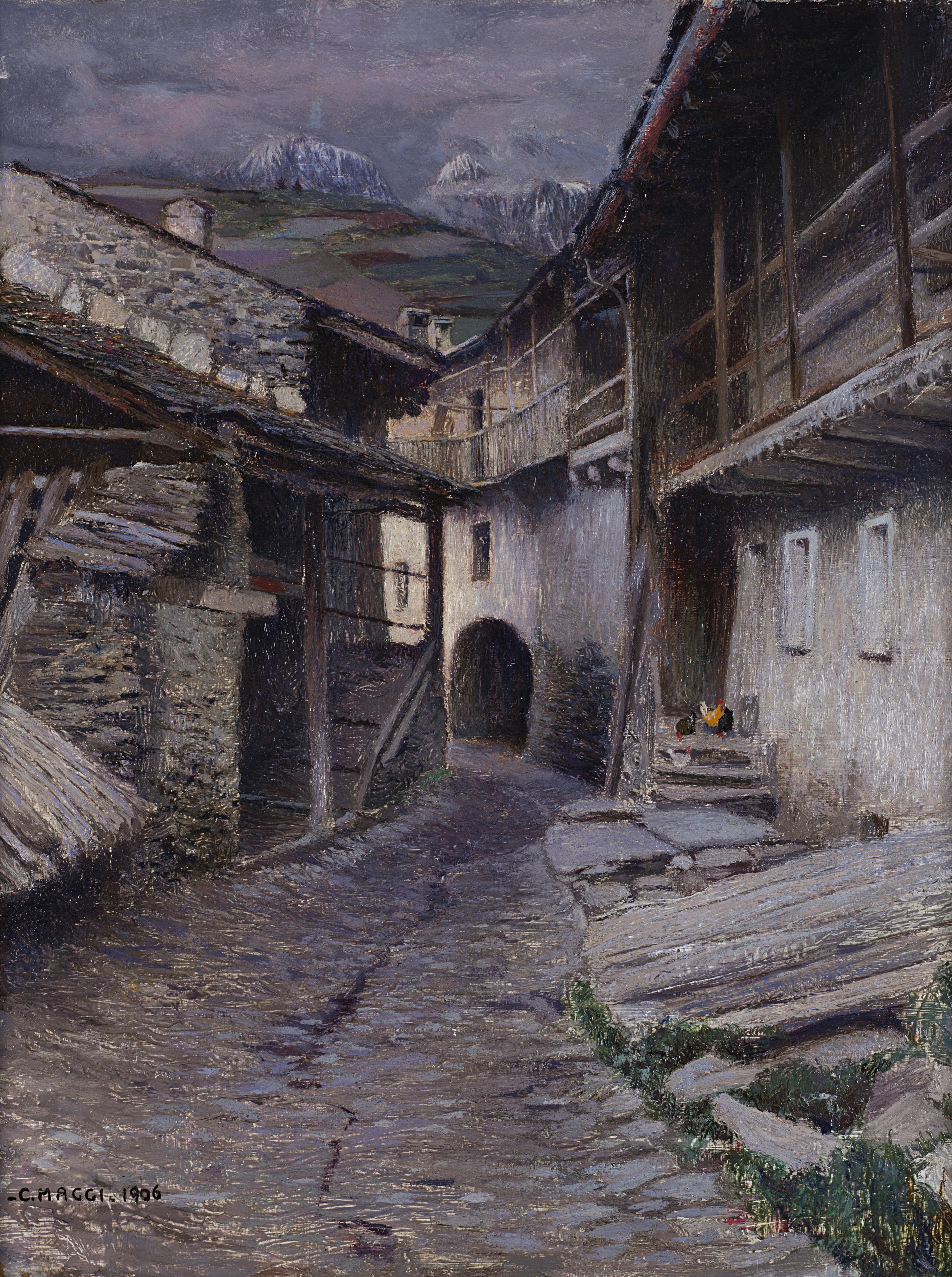 Cesare Maggi - Vicolo di paese con montagne sullo sfondo