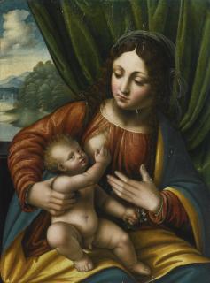 Cesare Magni - The Madonna And Child Before A Green Curtain And A Window With A Mountainous River Landscape Beyond