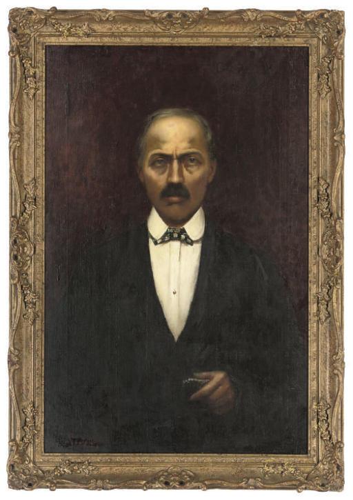 Cesare Saccaggi - Portrait of a gentleman, half-length, in a black suit, white shirt and chequered bow tie