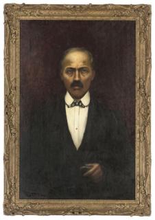 Cesare Saccaggi - Portrait of a gentleman, half-length, in a black suit, white shirt and chequered bow tie