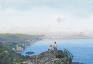 Cesare Uva - Girls on an outcrop above the Bay of Naples at dusk