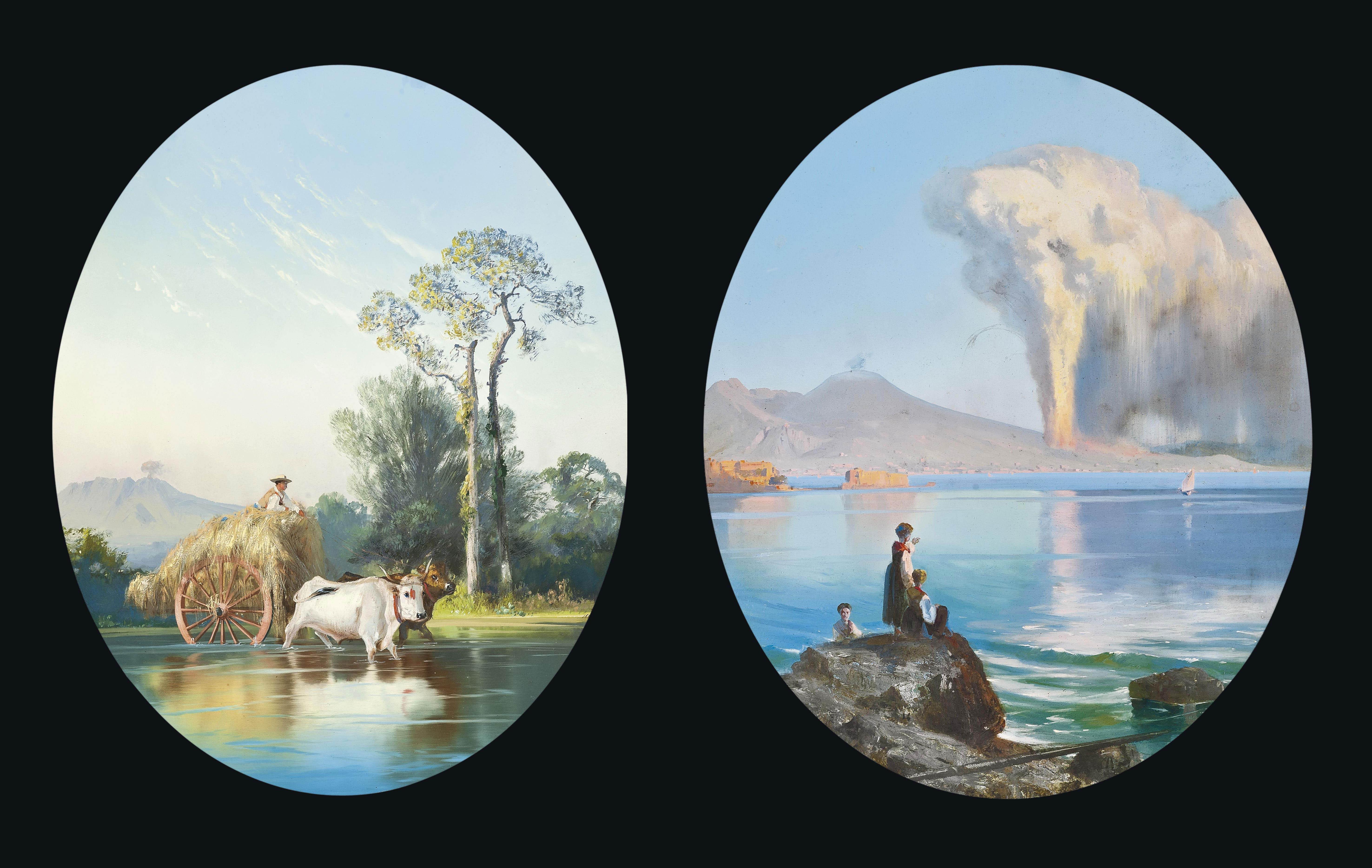 Cesare Uva - Girls watching Vesuvius erupt at the Bay of Naples; and A boy in a hay cart drawn by longhorn cattle, Vesuvius beyond