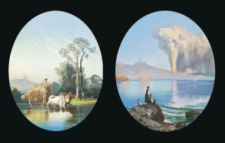 Cesare Uva - Girls watching Vesuvius erupt at the Bay of Naples; and A boy in a hay cart drawn by longhorn cattle, Vesuvius beyond