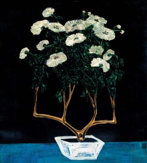 Chang Yu - Potted Chrysanthemums in a Mandarin Blue Background