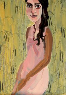 Chantal Joffe - Woman in a Sleeveless Pink Dress Against a Yellow Bean Print Wallpaper
