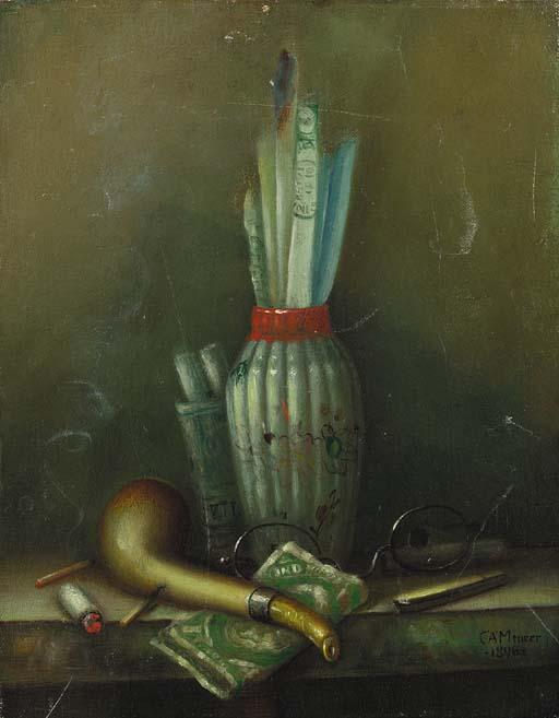 Charles Alfred Meurer - Still Life of a Pipe, Spectacles, Pack of Cigarettes, Matches, Dollar Bill, and Knife