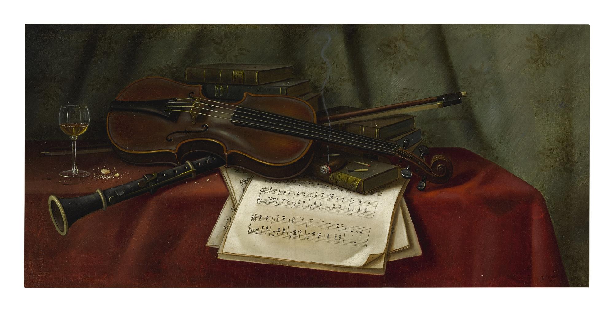 Charles Alfred Meurer - Tabletop With Musical Instruments