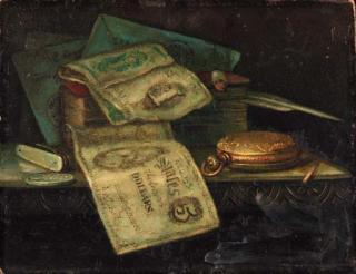 Charles Alfred Meurer - Trompe l\'Oeil with Bills, Watch and Cigarette
