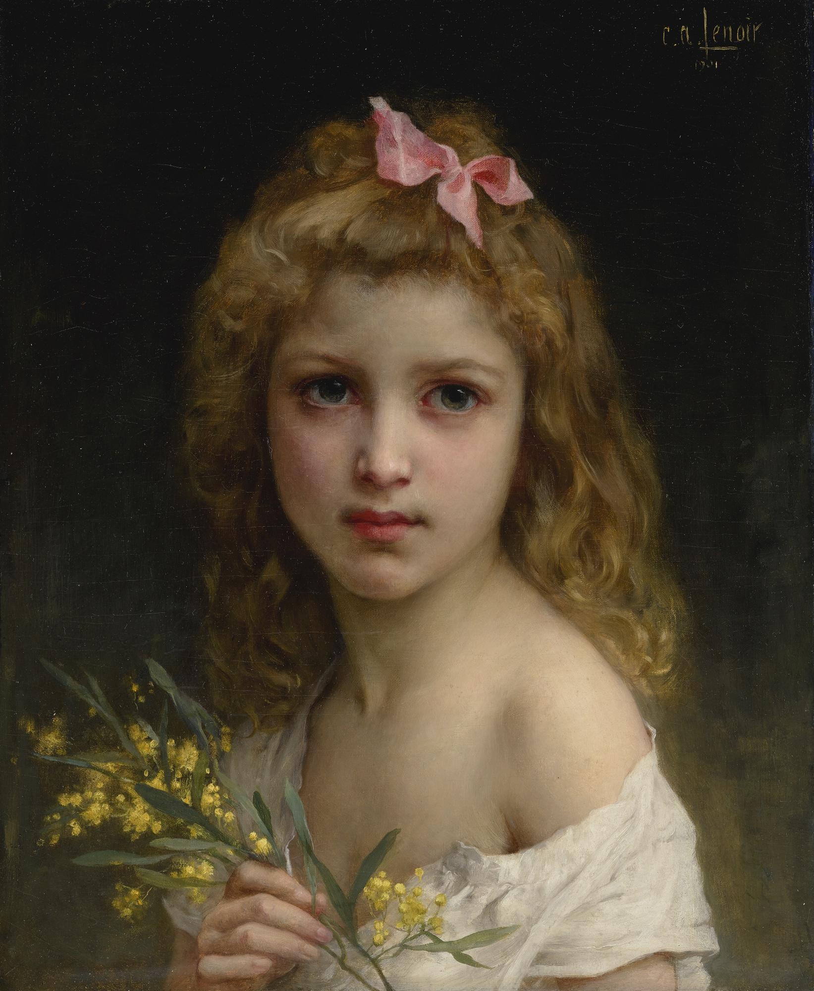 Charles Amable Lenoir - French Portrait Of A Girl With Mimosa Blossoms 