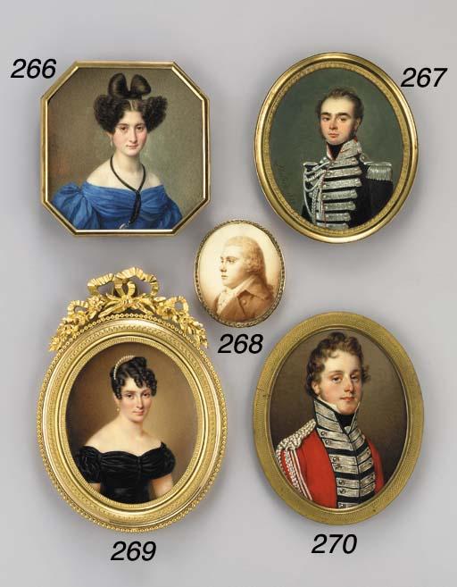 Charles Antoine Berny D\'Ouville - A young lady, facing right in black velvet dress with ruched bodice and sash, drop gold and pearl earrings, pearl-set gold comb in her upswept and curled dark hair