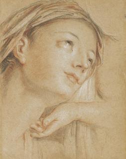 Charles-Antoine Coypel - The head of the Virgin, looking up to the right, with a subsidiary study of a hand