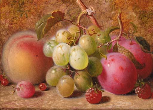 Charles Archer - Grapes, plums, raspberries, and a peach, on a mossy bank