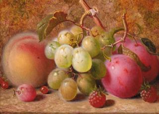 Charles Archer - Grapes, plums, raspberries, and a peach, on a mossy bank