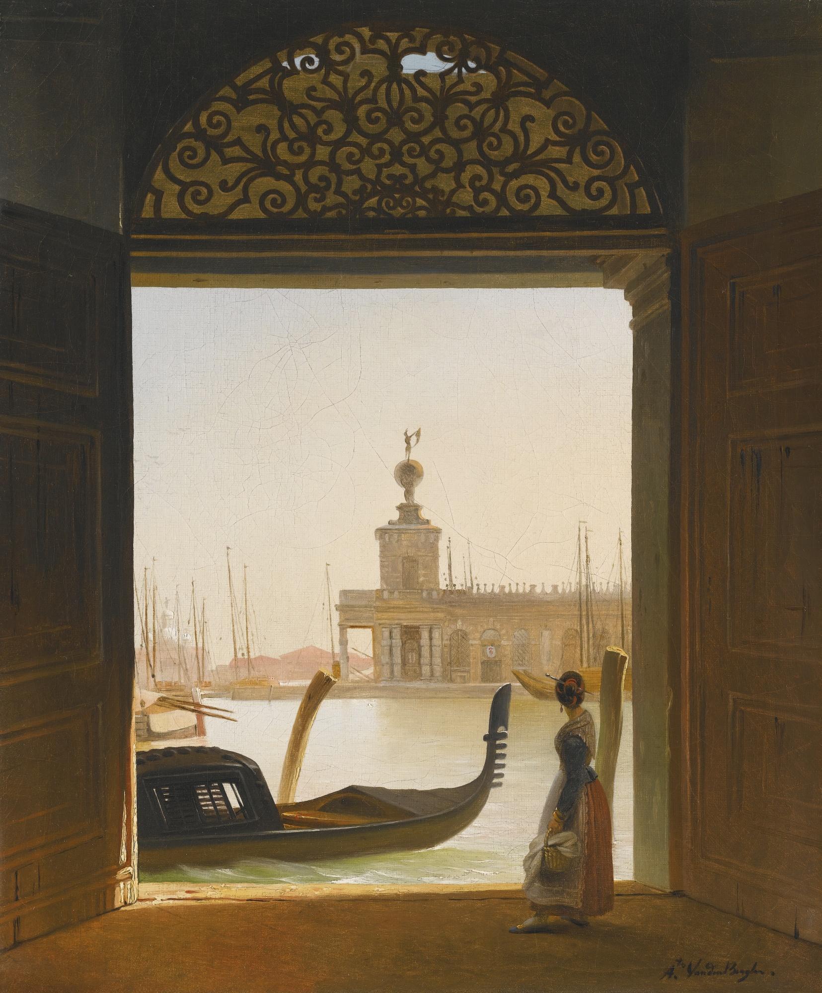 Charles-Auguste Van Den Berghe - Venice, A View Of The Dogana Seen Through A Large Doorway