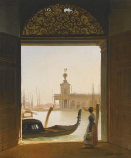 Charles-Auguste Van Den Berghe - Venice, A View Of The Dogana Seen Through A Large Doorway